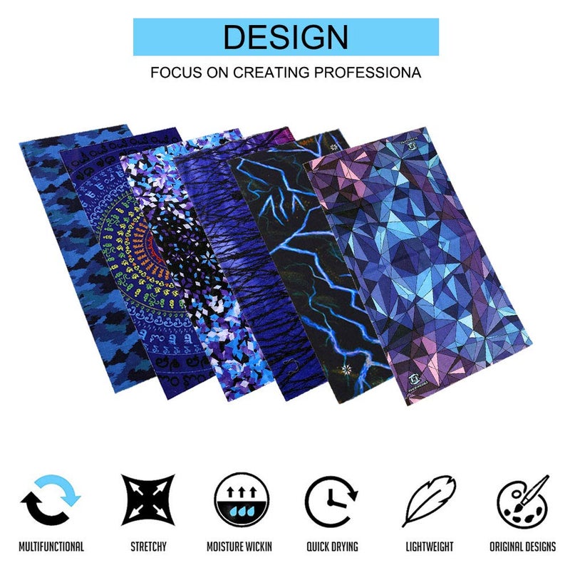 Leasinder 6pcs Magic Headband Face Mask Head Wrap Elastic Bandana Outdoor Headwear Sport Scarf Neck Gaiter UV Resistence for Workout (6pcs Blue) - Image 3